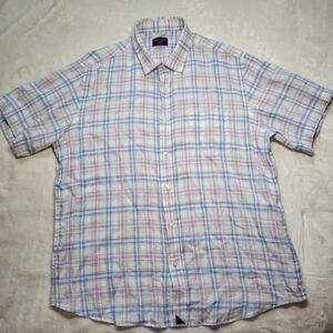 UNTUCKit Shirt Men's XL Plaid Button Up Short Sleeve Slim Fit Linen Pink Blue